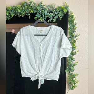 STYLE & CO button down V neck bow tie polka dot white top size SP